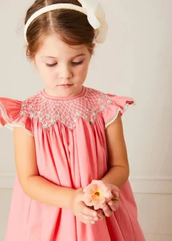 Pepa London Plain Hand Smocked Sleeveless Dress in Coral (12mths-10yrs)