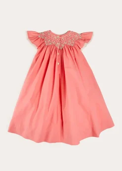 Pepa London Plain Hand Smocked Sleeveless Dress in Coral (12mths-10yrs)