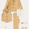 BOY Pepa London Plain Light Linen Blazer in Beige (4-10yrs) | Linen Mao Collar Long Sleeve Shirt in White (12mths-10yrs) | Plain Light Linen Vest in Beige (4-10yrs) | Linen Suit Trousers in Beige (4-10yrs) | Cream Boy's Belt | Suede Lace-up Espadrilles in Beige (24-35EU) | Ribbed Short Socks - Cream (0mths-10yrs)