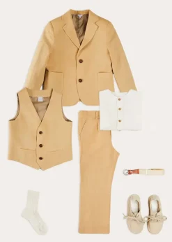 BOY Pepa London Plain Light Linen Blazer in Beige (4-10yrs) | Linen Mao Collar Long Sleeve Shirt in White (12mths-10yrs) | Plain Light Linen Vest in Beige (4-10yrs) | Linen Suit Trousers in Beige (4-10yrs) | Cream Boy's Belt | Suede Lace-up Espadrilles in Beige (24-35EU) | Ribbed Short Socks - Cream (0mths-10yrs)