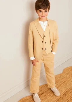 BOY Pepa London Plain Light Linen Blazer in Beige (4-10yrs) | Linen Mao Collar Long Sleeve Shirt in White (12mths-10yrs) | Plain Light Linen Vest in Beige (4-10yrs) | Linen Suit Trousers in Beige (4-10yrs) | Cream Boy's Belt | Suede Lace-up Espadrilles in Beige (24-35EU) | Ribbed Short Socks - Cream (0mths-10yrs)