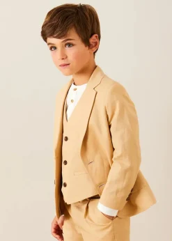 BOY Pepa London Plain Light Linen Blazer in Beige (4-10yrs) | Linen Mao Collar Long Sleeve Shirt in White (12mths-10yrs) | Plain Light Linen Vest in Beige (4-10yrs) | Linen Suit Trousers in Beige (4-10yrs) | Cream Boy's Belt | Suede Lace-up Espadrilles in Beige (24-35EU) | Ribbed Short Socks - Cream (0mths-10yrs)