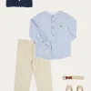 BOY Pepa London Plain Mao Collar Long Sleeve Shirt in Blue (4-10yrs) | Plain Cardigan in Navy (6mths-10yrs) | Suede Lace-up Espadrilles in Beige (24-35EU) | Cream Boy's Belt