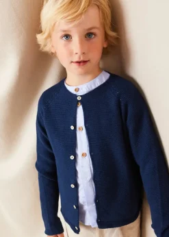 BOY Pepa London Plain Mao Collar Long Sleeve Shirt in Blue (4-10yrs) | Plain Cardigan in Navy (6mths-10yrs) | Suede Lace-up Espadrilles in Beige (24-35EU) | Cream Boy's Belt