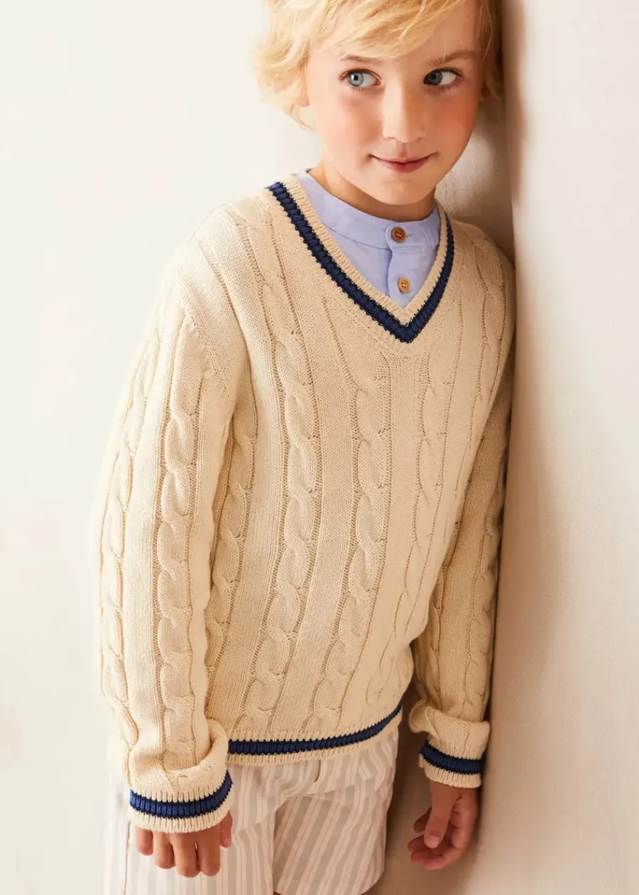BOY Pepa London Plain Mao Collar Long Sleeve Shirt in Blue (4-10yrs) | Brompton Striped Shorts in Beige (4-10yrs) | Cable Knit V-Neck Jumper in Cream (4-10yrs) | Canvas Plimsolls in Navy (20-35EU) | Cream Boy's Belt