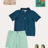BOY Pepa London Plain Short Sleeve Polo Shirt in Navy (2-10yrs) | Cheyne Striped Pocket Detail Shorts in Green (4-10yrs) | Safari Button Detail Cardigan in Camel (4-10yrs) | Canvas Lace Up Plimsols in Green (23-35EU) | Peter Pan Book