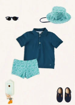 BOY Pepa London Plain Short Sleeve Polo Shirt in Navy (2-10yrs) | Adelaide Floral Swim Shorts in Green (12mths-4yrs) | Adelaide Floral Beach Hat in Green (S-M)