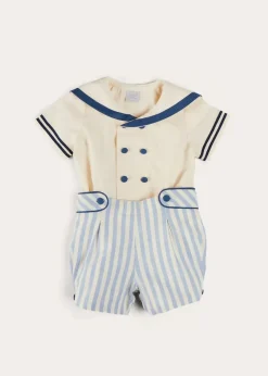 BOY Pepa London Regency Stripe Mariner Collar Two Piece Set With Bloomers in Blue (6mths-3yrs)