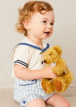 BOY Pepa London Regency Stripe Mariner Collar Two Piece Set With Bloomers in Blue (6mths-3yrs) | Plain Cardigan in Navy (6mths-10yrs) | Openwork Knitted Bonnet in Navy (S-L) | T-Bar Baby Shoes in Blue (20-26EU) | Cotton Short Socks Cream (0mths-10yrs) | Limited Edition Merrythought & Pepa Teddy Bear With Regency Striped Bow in Blue (S-L)