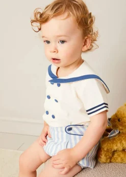 BOY Pepa London Regency Stripe Mariner Collar Two Piece Set With Bloomers in Blue (6mths-3yrs)