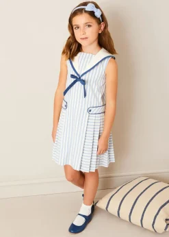Pepa London Regency Striped Mariner Collar Pleated Sleeveless Dress in Blue (2-10yrs)