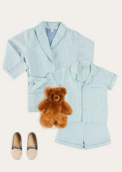 BOY Pepa London Rochester Striped Short Sleeve Pyjamas in Green (18mths-10yrs) | Rochester Striped Dressing Gown in Green (18mths-10yrs) | Linen Slippers With Contrast Piping in Cream (24-35EU)