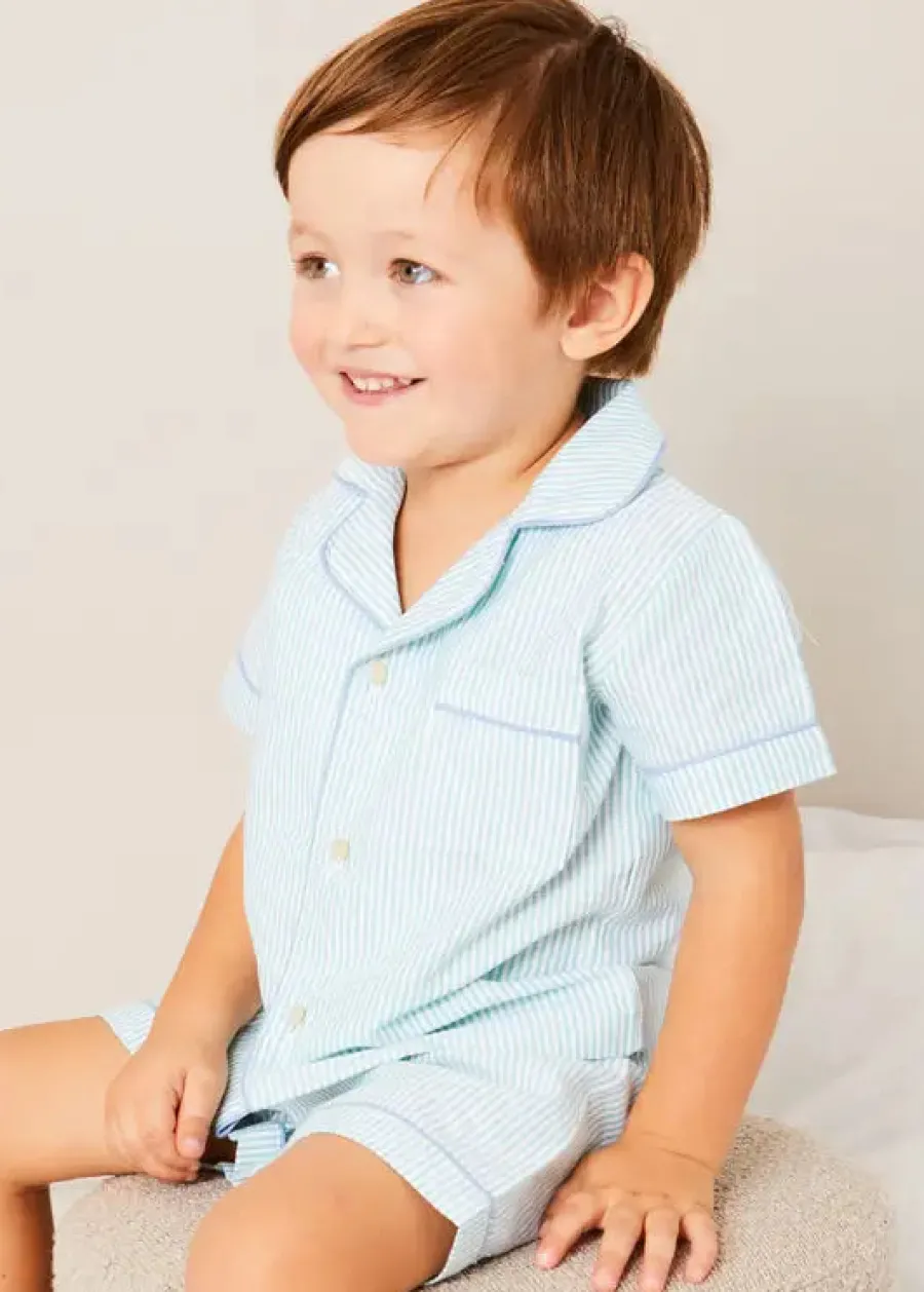 BOY Pepa London Rochester Striped Short Sleeve Pyjamas in Green (18mths-10yrs) | Rochester Striped Dressing Gown in Green (18mths-10yrs) | Linen Slippers With Contrast Piping in Cream (24-35EU) | Goodnight Winnie Pooh Book in Navy