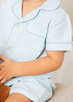 BOY Pepa London Rochester Striped Short Sleeve Pyjamas in Green (18mths-10yrs) | Rochester Striped Dressing Gown in Green (18mths-10yrs) | Linen Slippers With Contrast Piping in Cream (24-35EU) | Goodnight Winnie Pooh Book in Navy
