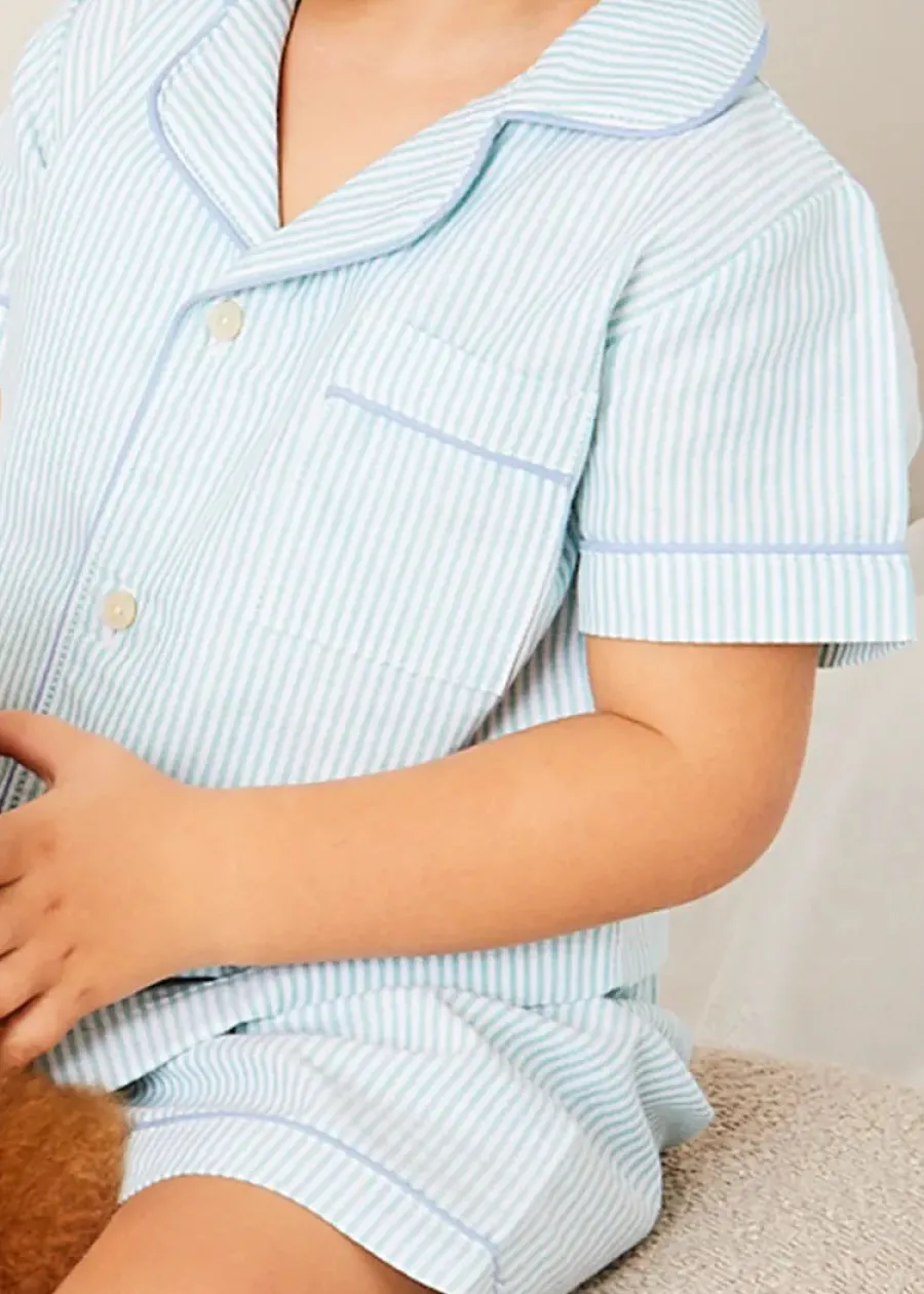 BOY Pepa London Rochester Striped Short Sleeve Pyjamas in Green (18mths-10yrs) | Rochester Striped Dressing Gown in Green (18mths-10yrs) | Linen Slippers With Contrast Piping in Cream (24-35EU) | Goodnight Winnie Pooh Book in Navy