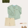 BOY Pepa London Safari Button Detail Cardigan in Green (4-10yrs) | Plain Mao Collar Long Sleeve Shirt in Green (12mths-10yrs) | Plain Chino Shorts in Camel (4-10yrs) | Brown Striped Belt