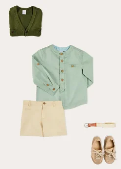 BOY Pepa London Safari Button Detail Cardigan in Green (4-10yrs) | Plain Mao Collar Long Sleeve Shirt in Green (12mths-10yrs) | Plain Chino Shorts in Camel (4-10yrs) | Brown Striped Belt