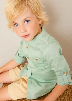 BOY Pepa London Safari Button Detail Cardigan in Green (4-10yrs) | Plain Mao Collar Long Sleeve Shirt in Green (12mths-10yrs) | Plain Chino Shorts in Camel (4-10yrs) | Brown Striped Belt
