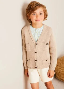 BOY Pepa London Safari Button Detail Cardigan in Camel (4-10yrs) | Maxwell Gingham Mao Collar Long Sleeve Shirt in Green (3-10yrs) | Plain Cotton Shorts in White (4-10yrs) | Suede Lace-up Espadrilles in Beige (24-35EU) | The Christopher Robin Collection Book