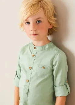 BOY Pepa London Safari Button Detail Cardigan in Green (4-10yrs) | Plain Mao Collar Long Sleeve Shirt in Green (12mths-10yrs) | Plain Chino Shorts in Camel (4-10yrs) | Brown Striped Belt