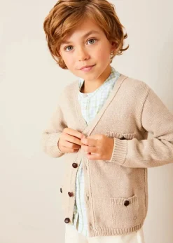 BOY Pepa London Safari Button Detail Cardigan in Camel (4-10yrs) | Maxwell Gingham Mao Collar Long Sleeve Shirt in Green (3-10yrs) | Plain Cotton Shorts in White (4-10yrs) | Suede Lace-up Espadrilles in Beige (24-35EU) | The Christopher Robin Collection Book