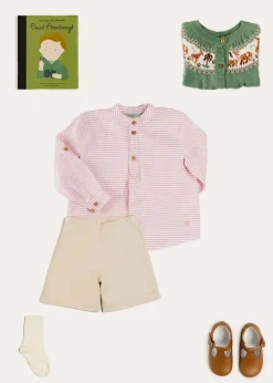 BOY Pepa London Safari Intarsia Cardigan in Green (6mths-6yrs) | Hertford Striped Mao Collar Long Sleeve Shirt in Coral (12mths-10yrs) | Faux Pocket Elasticated Waist Shorts in Ivory (12mths-4yrs) | Leather T-Bar Baby Shoes in Brown (20-26EU) | Ribbed Short Socks in Beige (0mths-10yrs) | Little People, Big Dreams - David Attenborough Book in Green