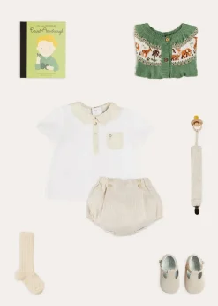 BOY Pepa London Safari Intarsia Cardigan in Green (6mths-6yrs) | Waterford Striped Polo Collar Short Sleeve Top in Beige (12mths-4yrs) | Striped Button Detail Bloomers in Beige (3mths-3yrs) | Suede T-Bar Pram Shoes in Beige (17-20EU) | Ribbed Short Socks in Beige (0mths-10yrs) | Little People, Big Dreams - David Attenborough Book in Green | Waterford Striped Dummy Clip in Beige | BIBS Dummy in Ivory