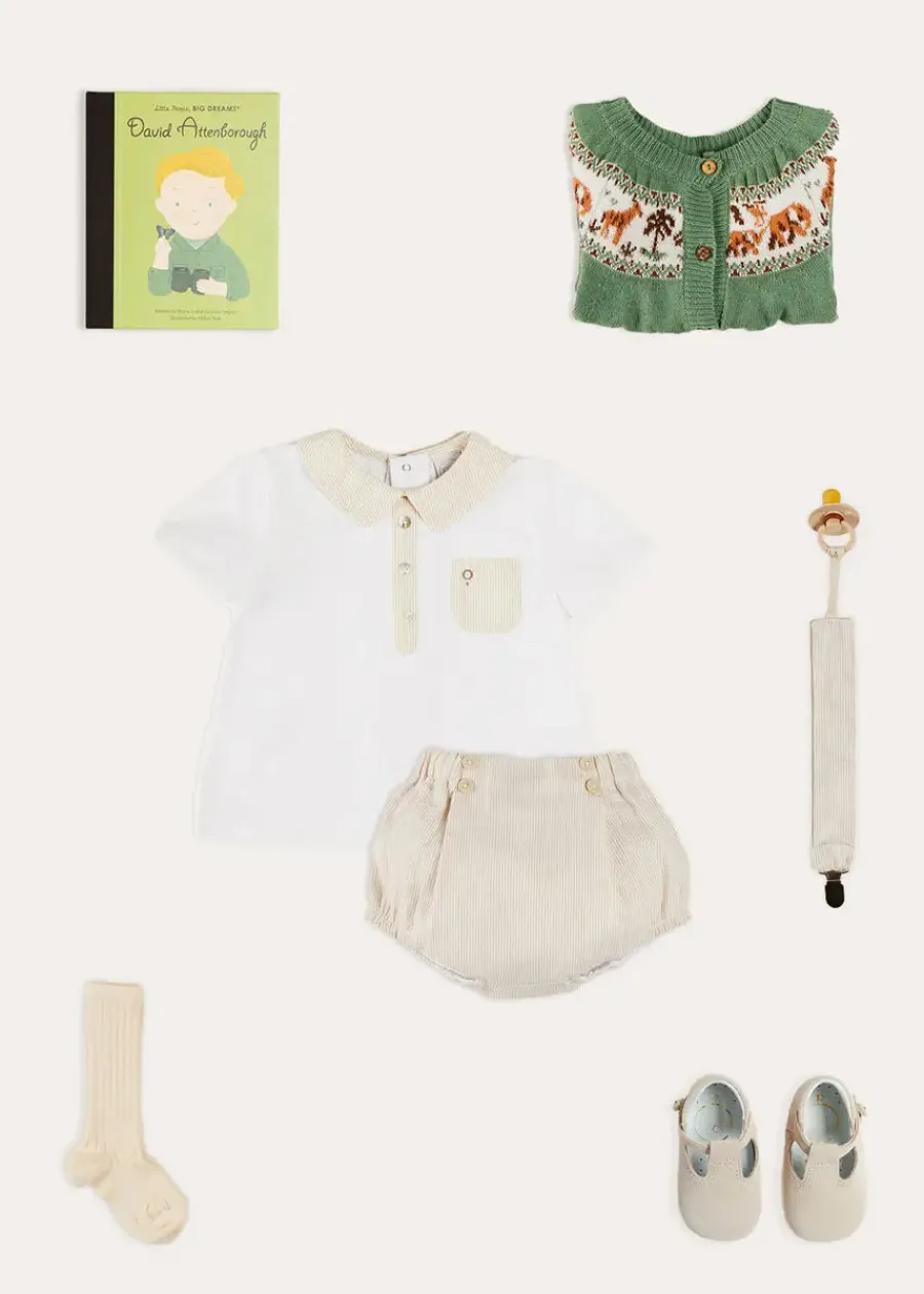 BOY Pepa London Safari Intarsia Cardigan in Green (6mths-6yrs) | Waterford Striped Polo Collar Short Sleeve Top in Beige (12mths-4yrs) | Striped Button Detail Bloomers in Beige (3mths-3yrs) | Suede T-Bar Pram Shoes in Beige (17-20EU) | Ribbed Short Socks in Beige (0mths-10yrs) | Little People, Big Dreams - David Attenborough Book in Green | Waterford Striped Dummy Clip in Beige | BIBS Dummy in Ivory