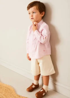 BOY Pepa London Safari Intarsia Cardigan in Green (6mths-6yrs) | Hertford Striped Mao Collar Long Sleeve Shirt in Coral (12mths-10yrs) | Faux Pocket Elasticated Waist Shorts in Ivory (12mths-4yrs) | Leather T-Bar Baby Shoes in Brown (20-26EU) | Ribbed Short Socks in Beige (0mths-10yrs) | Little People, Big Dreams - David Attenborough Book in Green