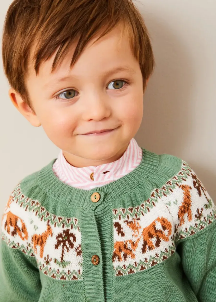 BOY Pepa London Safari Intarsia Cardigan in Green (6mths-6yrs) | Hertford Striped Mao Collar Long Sleeve Shirt in Coral (12mths-10yrs) | Faux Pocket Elasticated Waist Shorts in Ivory (12mths-4yrs) | Leather T-Bar Baby Shoes in Brown (20-26EU) | Ribbed Short Socks in Beige (0mths-10yrs) | Little People, Big Dreams - David Attenborough Book in Green
