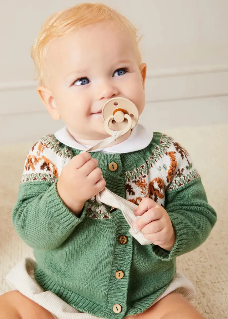 BOY Pepa London Safari Intarsia Cardigan in Green (6mths-6yrs) | Waterford Striped Polo Collar Short Sleeve Top in Beige (12mths-4yrs) | Striped Button Detail Bloomers in Beige (3mths-3yrs) | Suede T-Bar Pram Shoes in Beige (17-20EU) | Ribbed Short Socks in Beige (0mths-10yrs) | Little People, Big Dreams - David Attenborough Book in Green | Waterford Striped Dummy Clip in Beige | BIBS Dummy in Ivory