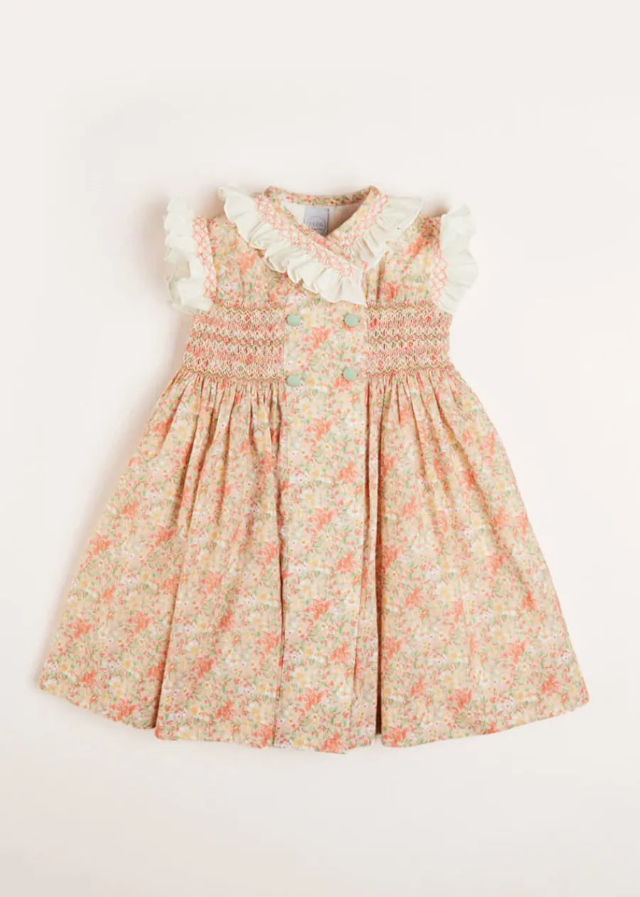 Pepa London Sophie Floral Print Hand Smocked Double Breasted Dress in Peach (12mths-10yrs)