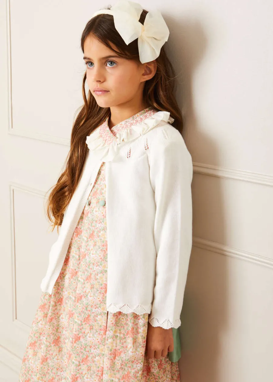 Pepa London Sophie Floral Print Hand Smocked Double Breasted Dress in Peach (12mths-10yrs)