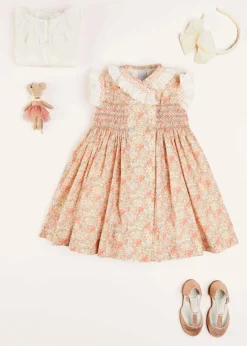 Pepa London Sophie Floral Print Hand Smocked Double Breasted Dress in Peach (12mths-10yrs)