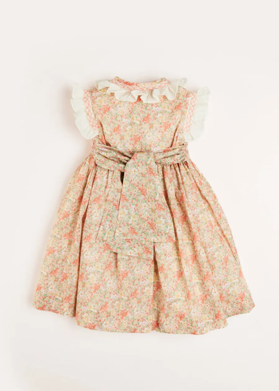 Pepa London Sophie Floral Print Hand Smocked Double Breasted Dress in Peach (12mths-10yrs)
