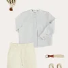 BOY Pepa London Stafford Striped Mao Collar Long Sleeve Shirt in Yellow (12mths-10yrs) | Plain Cotton Shorts in White (4-10yrs) | Suede Lace-up Espadrilles in Beige (24-35EU) | Cream Boy's Belt