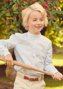 BOY Pepa London Stafford Striped Mao Collar Long Sleeve Shirt in Yellow (12mths-10yrs) | Plain Cotton Shorts in White (4-10yrs) | Suede Lace-up Espadrilles in Beige (24-35EU) | Cream Boy's Belt