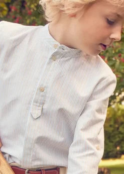 BOY Pepa London Stafford Striped Mao Collar Long Sleeve Shirt in Yellow (12mths-10yrs) | Plain Cotton Shorts in White (4-10yrs) | Suede Lace-up Espadrilles in Beige (24-35EU) | Cream Boy's Belt