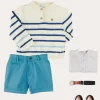 BOY Pepa London Striped Crewneck Button Detail Jumper in Blue (12mths-10yrs) | Stafford Striped Mao Collar Long Sleeve Shirt in Yellow (12mths-10yrs) | Plain Pocket Detail Shorts in Blue (4-10yrs) | Canvas Plimsolls in Navy (20-35EU) | Navy Belt