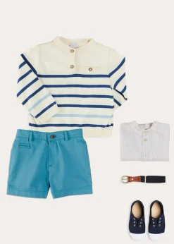 BOY Pepa London Striped Crewneck Button Detail Jumper in Blue (12mths-10yrs) | Stafford Striped Mao Collar Long Sleeve Shirt in Yellow (12mths-10yrs) | Plain Pocket Detail Shorts in Blue (4-10yrs) | Canvas Plimsolls in Navy (20-35EU) | Navy Belt