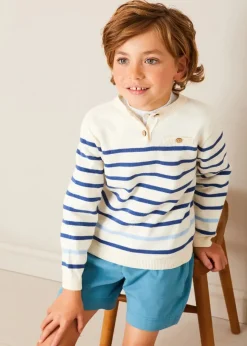 BOY Pepa London Striped Crewneck Button Detail Jumper in Blue (12mths-10yrs) | Stafford Striped Mao Collar Long Sleeve Shirt in Yellow (12mths-10yrs) | Plain Pocket Detail Shorts in Blue (4-10yrs) | Canvas Plimsolls in Navy (20-35EU) | Navy Belt