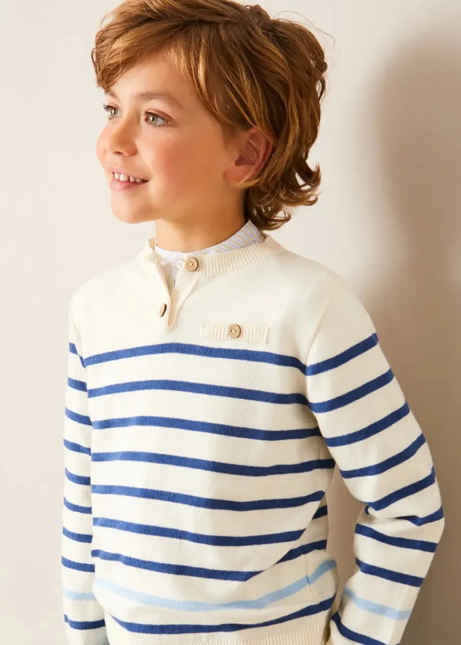 BOY Pepa London Striped Crewneck Button Detail Jumper in Blue (12mths-10yrs) | Stafford Striped Mao Collar Long Sleeve Shirt in Yellow (12mths-10yrs) | Plain Pocket Detail Shorts in Blue (4-10yrs) | Canvas Plimsolls in Navy (20-35EU) | Navy Belt
