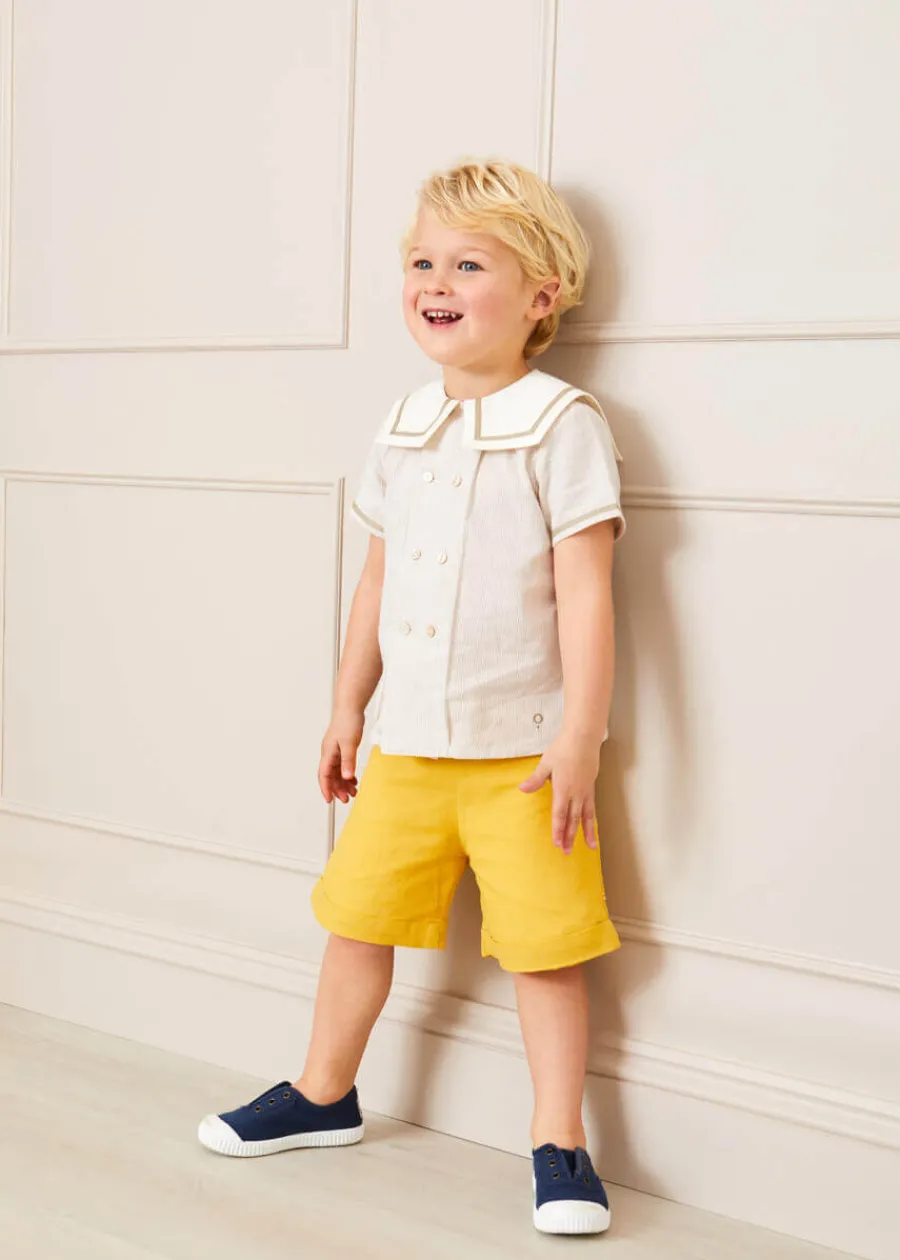 BOY Pepa London Striped Mariner Collar Short Sleeve Shirt in Beige (12mths-6yrs)