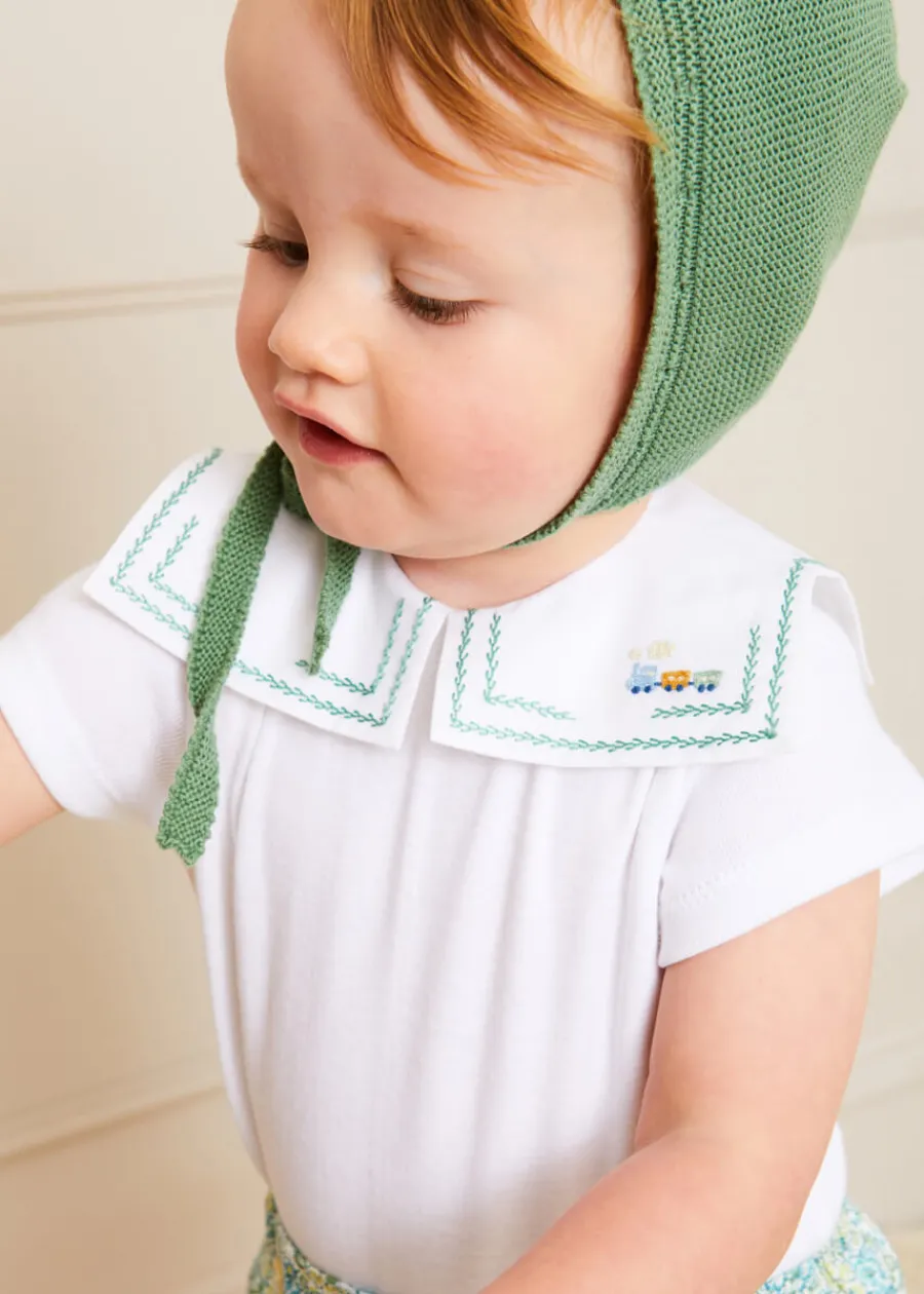 BOY Pepa London Train Embroidery Statement Collar Short Sleeve Bodysuit in Green (3mths-2yrs)