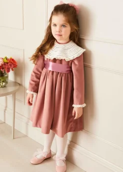 Pepa London Velvet Handmade Collar Long Sleeve Dress in Pink (2-10yrs)