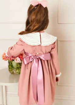 Pepa London Velvet Handmade Collar Long Sleeve Dress in Pink (2-10yrs)