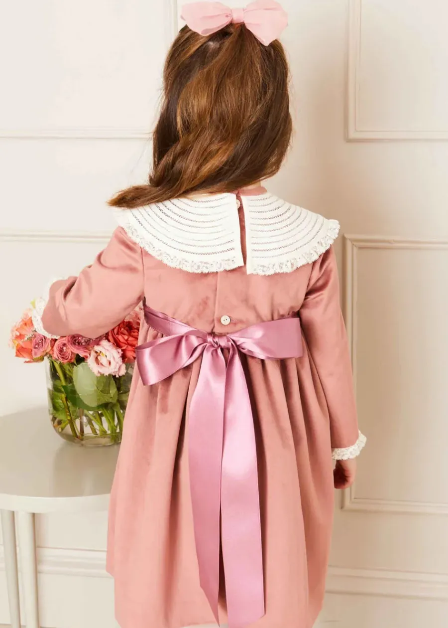 Pepa London Velvet Handmade Collar Long Sleeve Dress in Pink (2-10yrs)