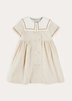 Pepa London Waterford Striped Mariner Collar Double Breasted Short Sleeve Dress in Beige (12mths-10yrs)