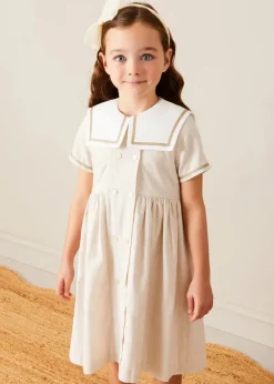Pepa London Waterford Striped Mariner Collar Double Breasted Short Sleeve Dress in Beige (12mths-10yrs)