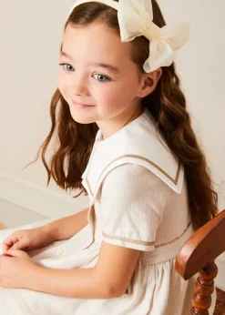 Pepa London Waterford Striped Mariner Collar Double Breasted Short Sleeve Dress in Beige (12mths-10yrs)